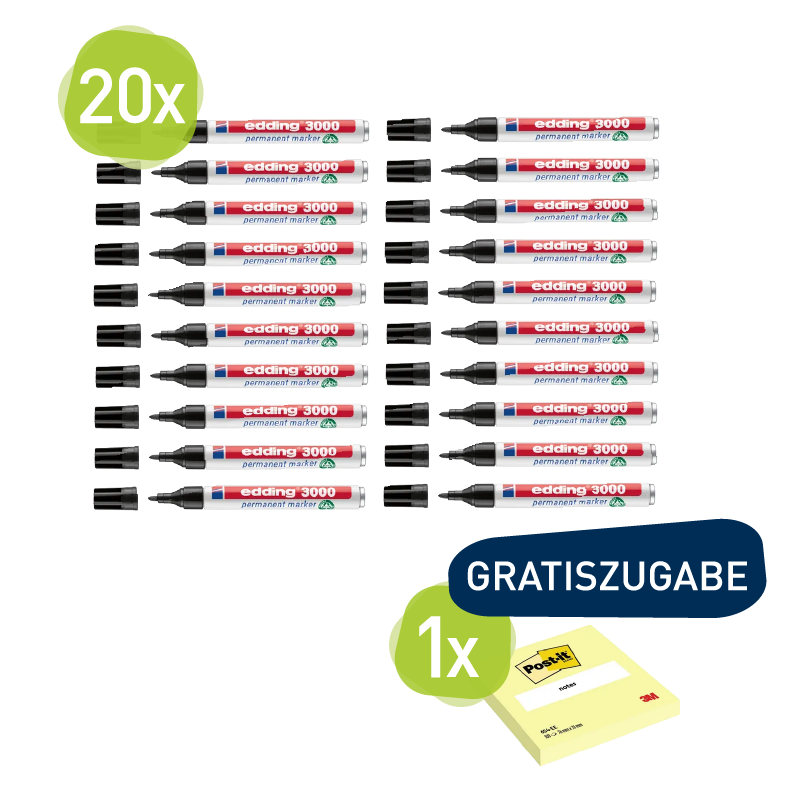 Edding 3000 1,5-3mm schwarz + Post-It 76x76mm Haftnotizblock