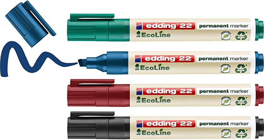 Drei Eddings der Eco-line Serie in den Farben grün, blau, rot und schwarz auf weißem Hintergrund 