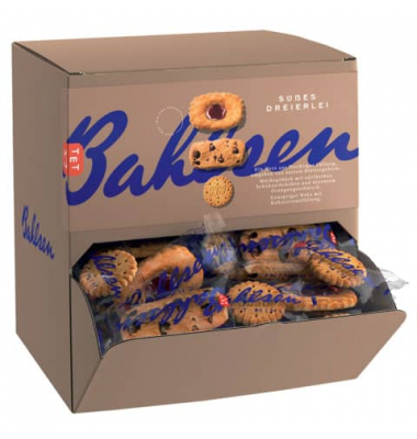 Verpackung von Bahlsen in braun mit blauer Bahlsen Aufschrift und geöffnet mit Bahlsen Keksen 