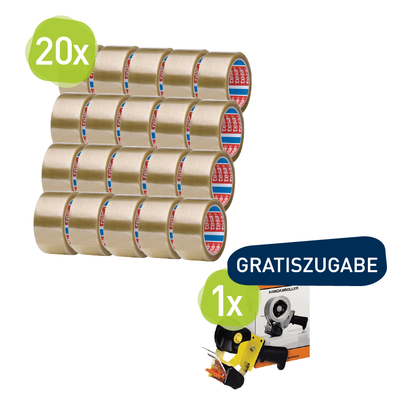 Tesa Packband 66mx50mm transparent + Nopi Handabroller aus Metall